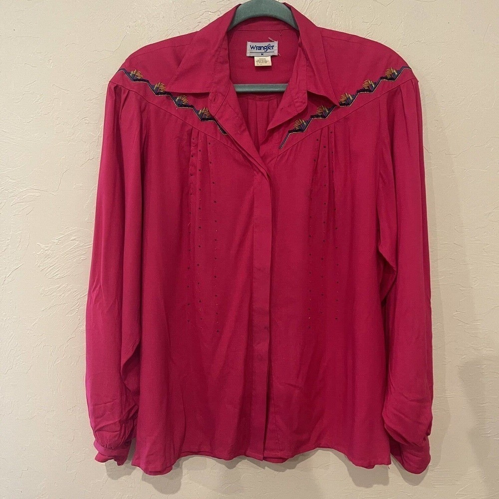 VTG Wrangler Ladies Pink beaded‎ Shirt with Buttons Up Western Sz M